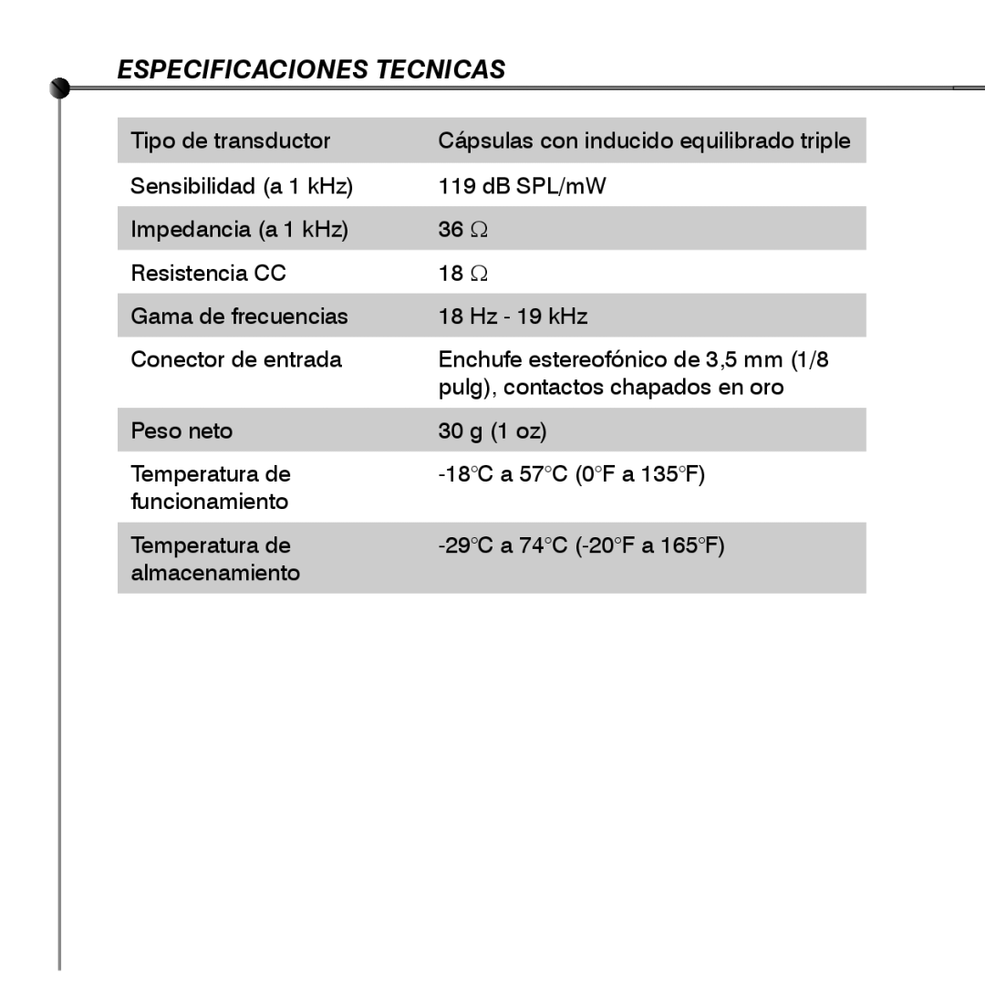 Shure SE530 manual Especificaciones Tecnicas 