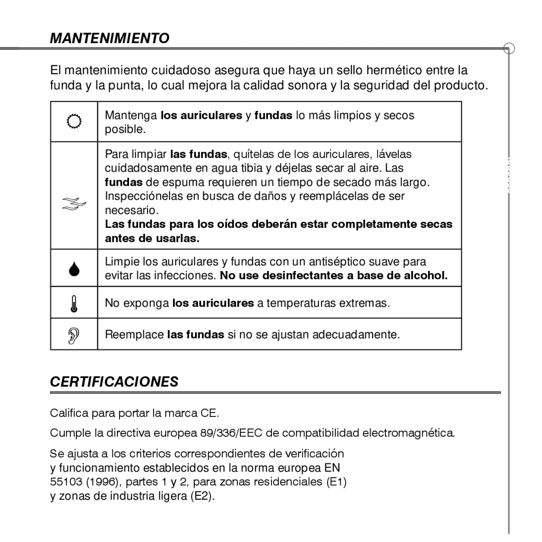 Shure SE530 manual Mantenimiento, Certificaciones 