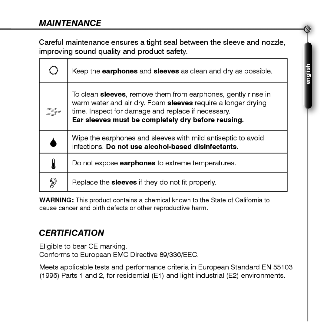 Shure SE530 manual Maintenance, Certification, Ear sleeves must be completely dry before reusing 