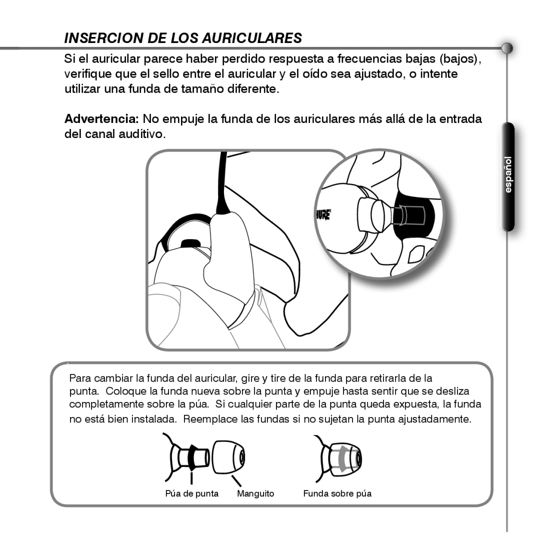 Shure SE530 manual Insercion De Los Auriculares, español 