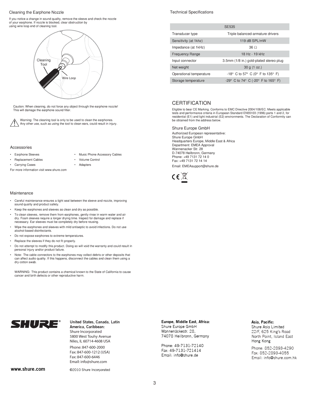 Shure MLP_SE535 manual Cleaning the Earphone Nozzle, Accessories, Maintenance, Technical Specifications, Shure Europe GmbH 