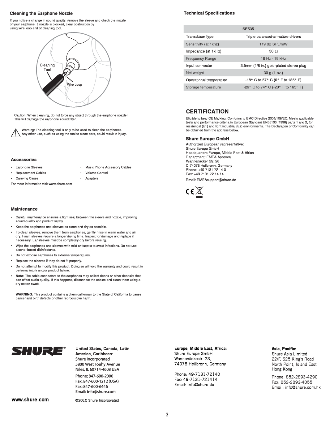 Shure MLP_SE535 manual Cleaning the Earphone Nozzle, Accessories, Maintenance, Technical Specifications, Shure Europe GmbH 