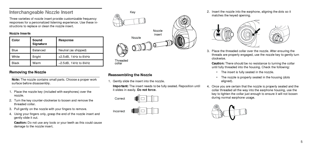 Shure SE846 instruction manual Interchangeable Nozzle Insert, Removing the Nozzle, Reassembling the Nozzle 