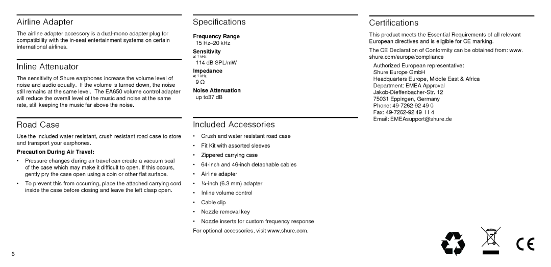 Shure SE846 Airline Adapter, Inline Attenuator, Specifications, Certifications, Road Case, Included Accessories 