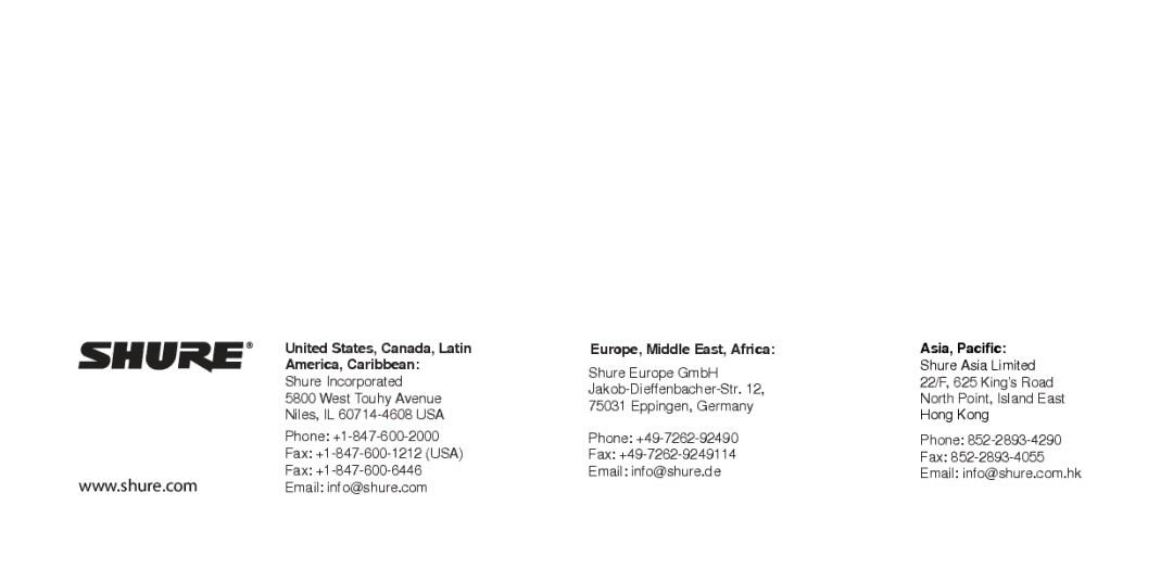 Shure SE846 instruction manual United States, Canada, Latin, America, Caribbean, Europe, Middle East, Africa 