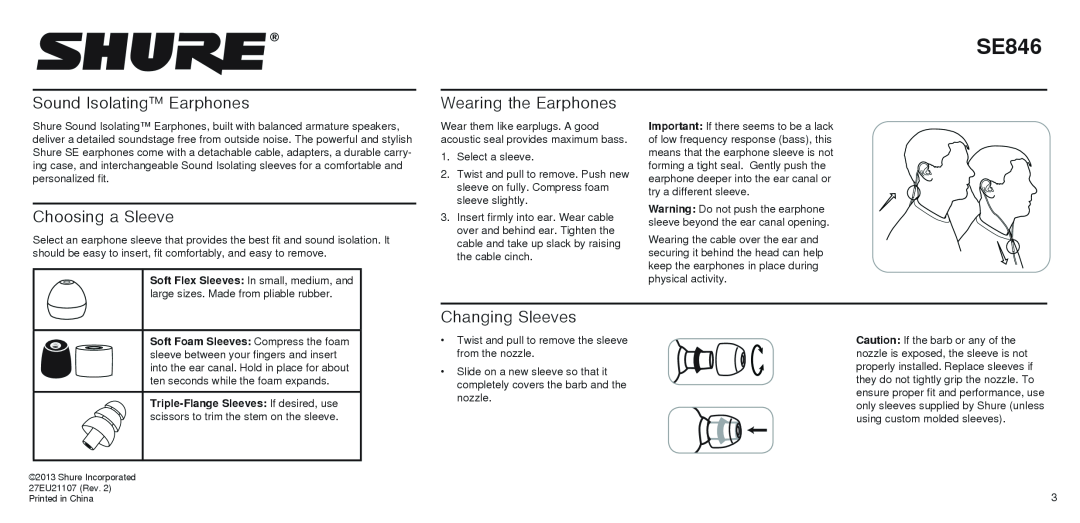 Shure SE846 instruction manual Sound Isolating Earphones, Choosing a Sleeve, Wearing the Earphones, Changing Sleeves 