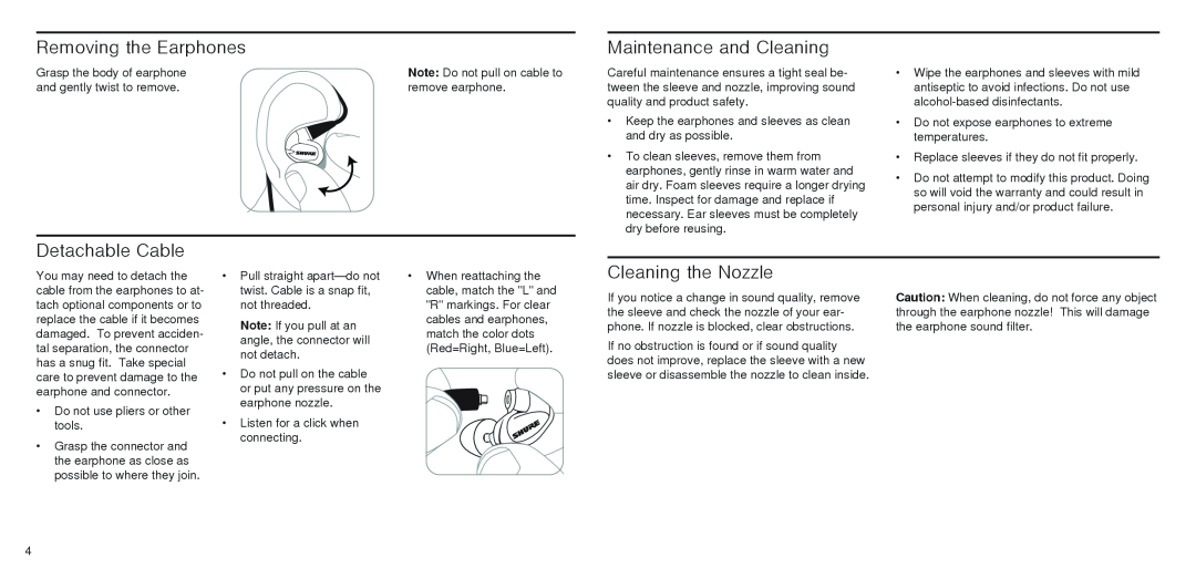 Shure SE846 instruction manual Removing the Earphones, Detachable Cable, Maintenance and Cleaning, Cleaning the Nozzle 