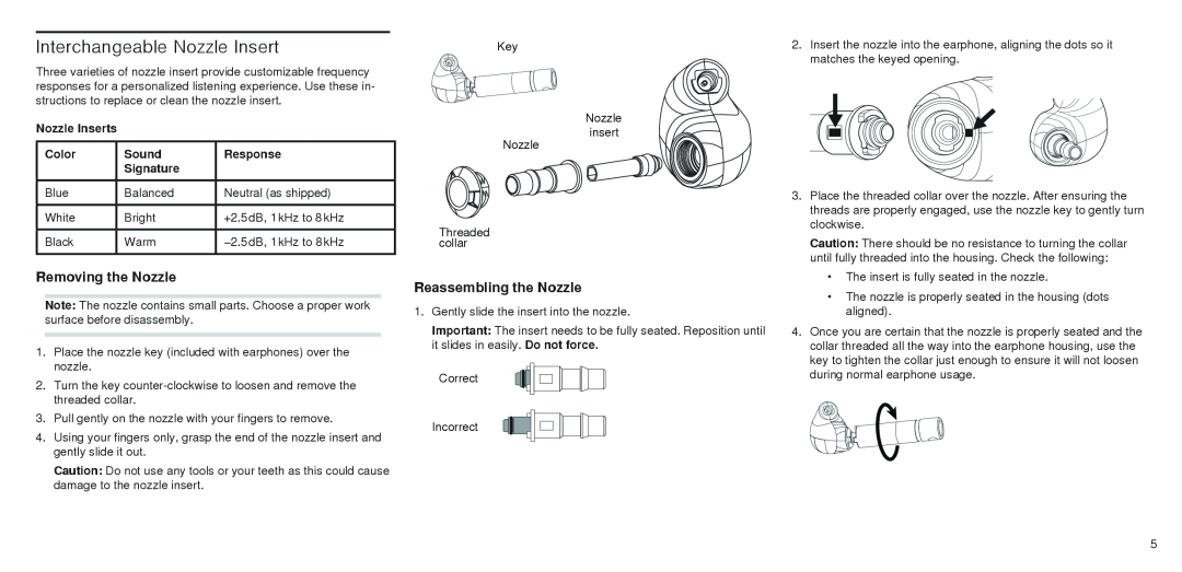 Shure SE846 instruction manual Interchangeable Nozzle Insert, Removing the Nozzle, Reassembling the Nozzle 