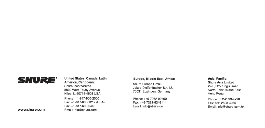 Shure SE846 instruction manual United States, Canada, Latin, America, Caribbean, Europe, Middle East, Africa 