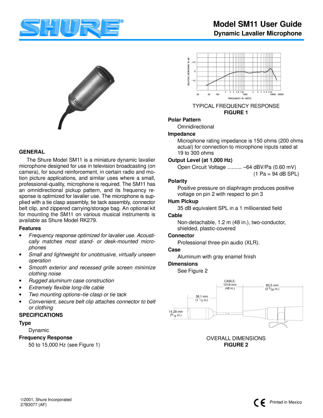 Shure SM11 specifications General, Specifications 