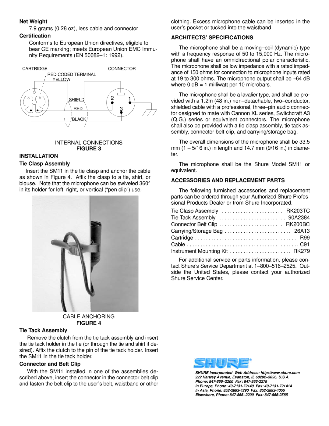 Shure SM11 specifications Installation, ARCHITECTS’ Specifications, Accessories and Replacement Parts 