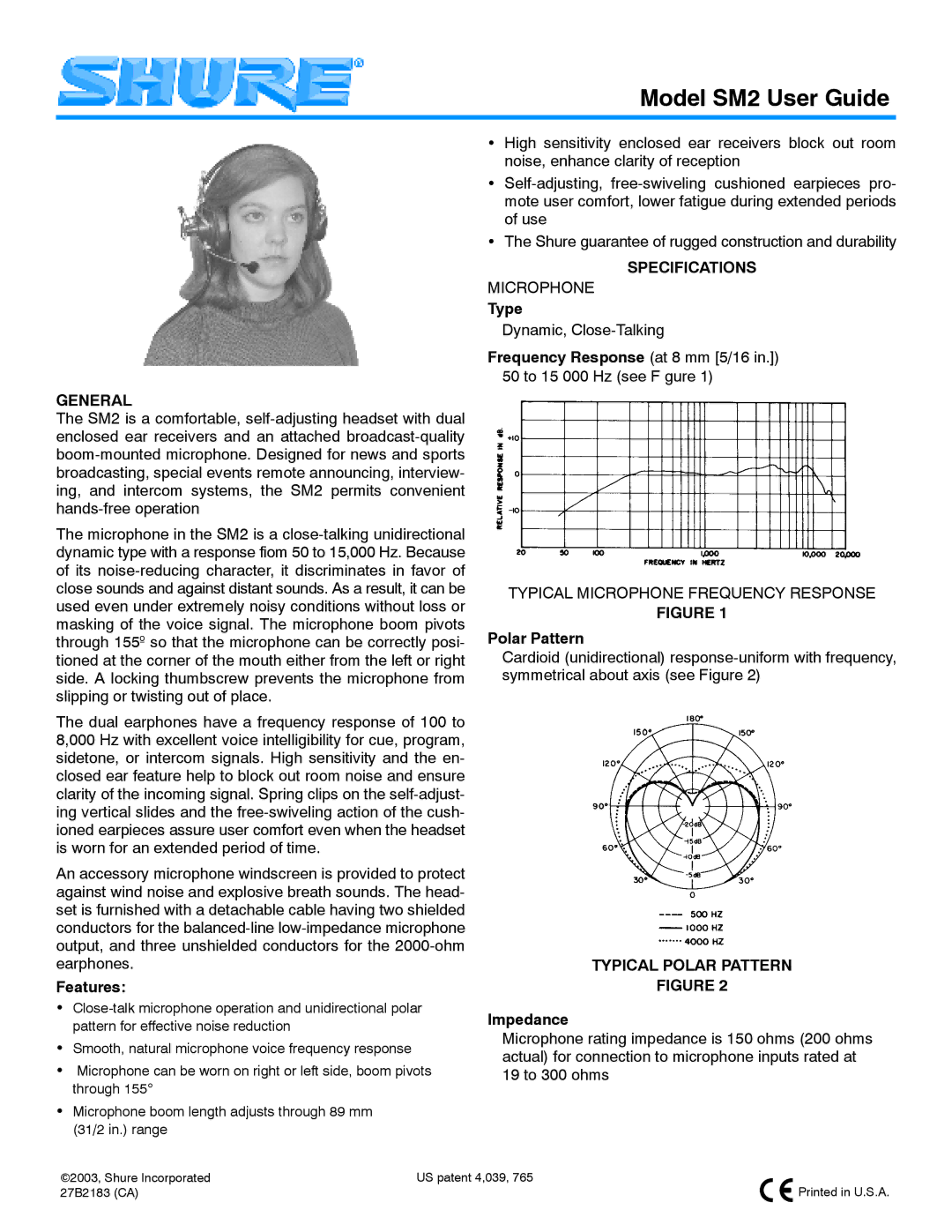 Shure SM2 specifications General, Specifications, Typical Polar Pattern 