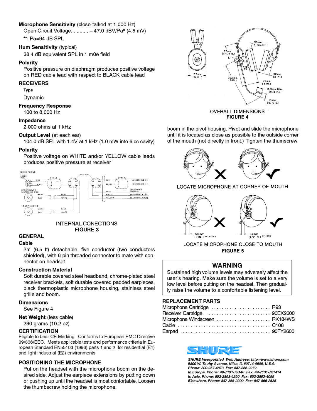 Shure SM2 specifications Receivers, Certification, Positioning the Microphone, Replacement Parts 