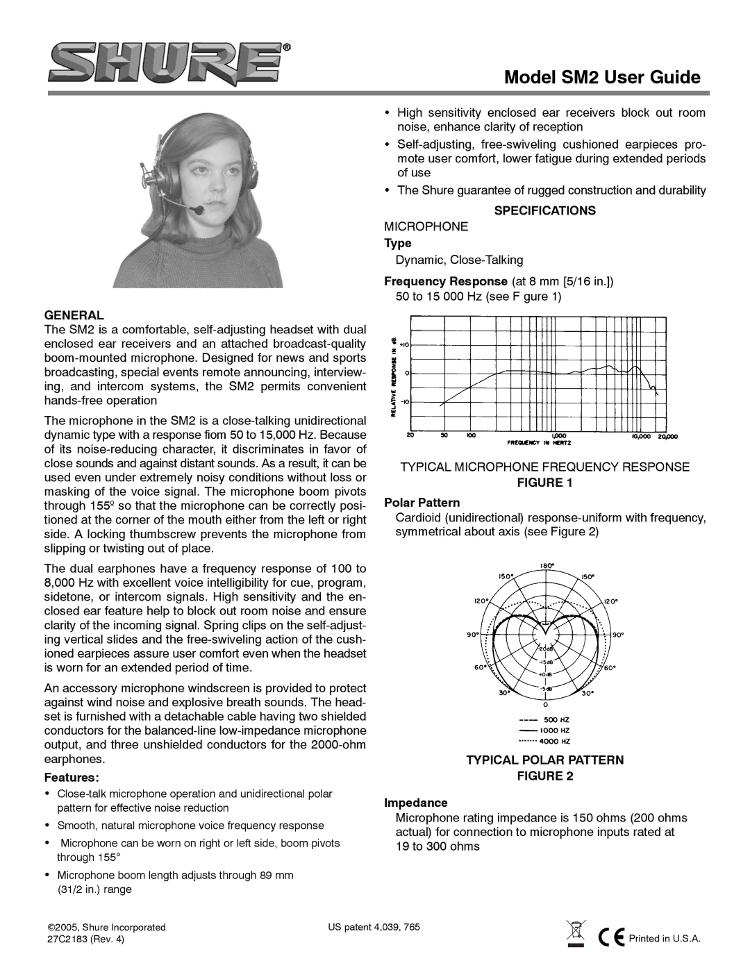 Shure SM2 specifications General, Specifications, Typical Polar Pattern 