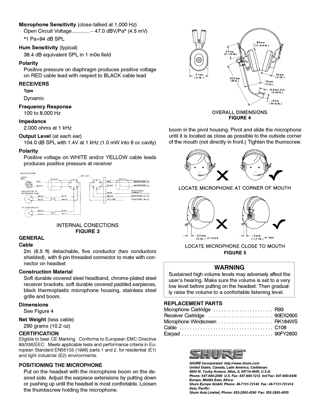 Shure SM2 specifications Receivers, Certification, Positioning the Microphone, Replacement Parts 