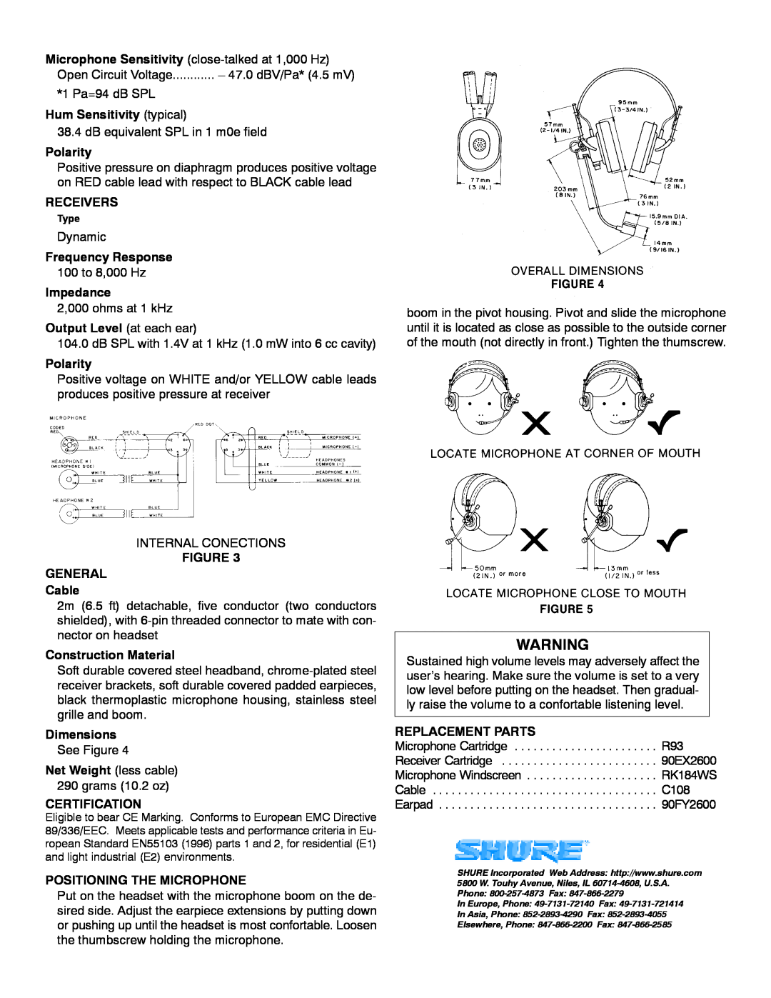 Shure SM2 specifications Hum Sensitivity typical 