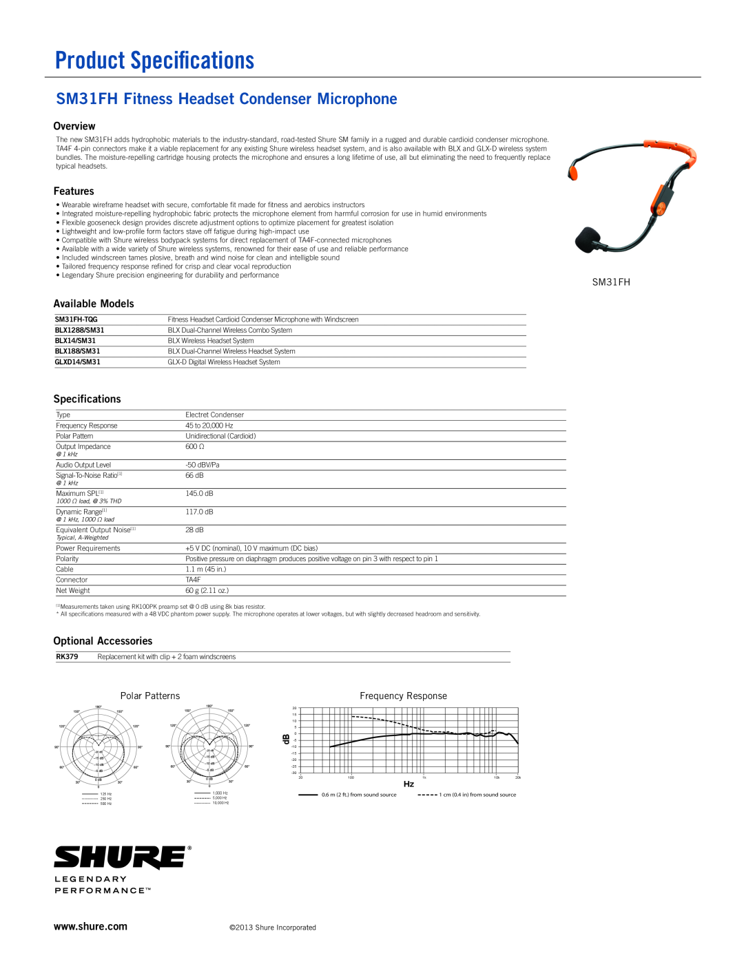 Shure specifications Product Specifications, SM31FH Fitness Headset Condenser Microphone, Overview, Features 