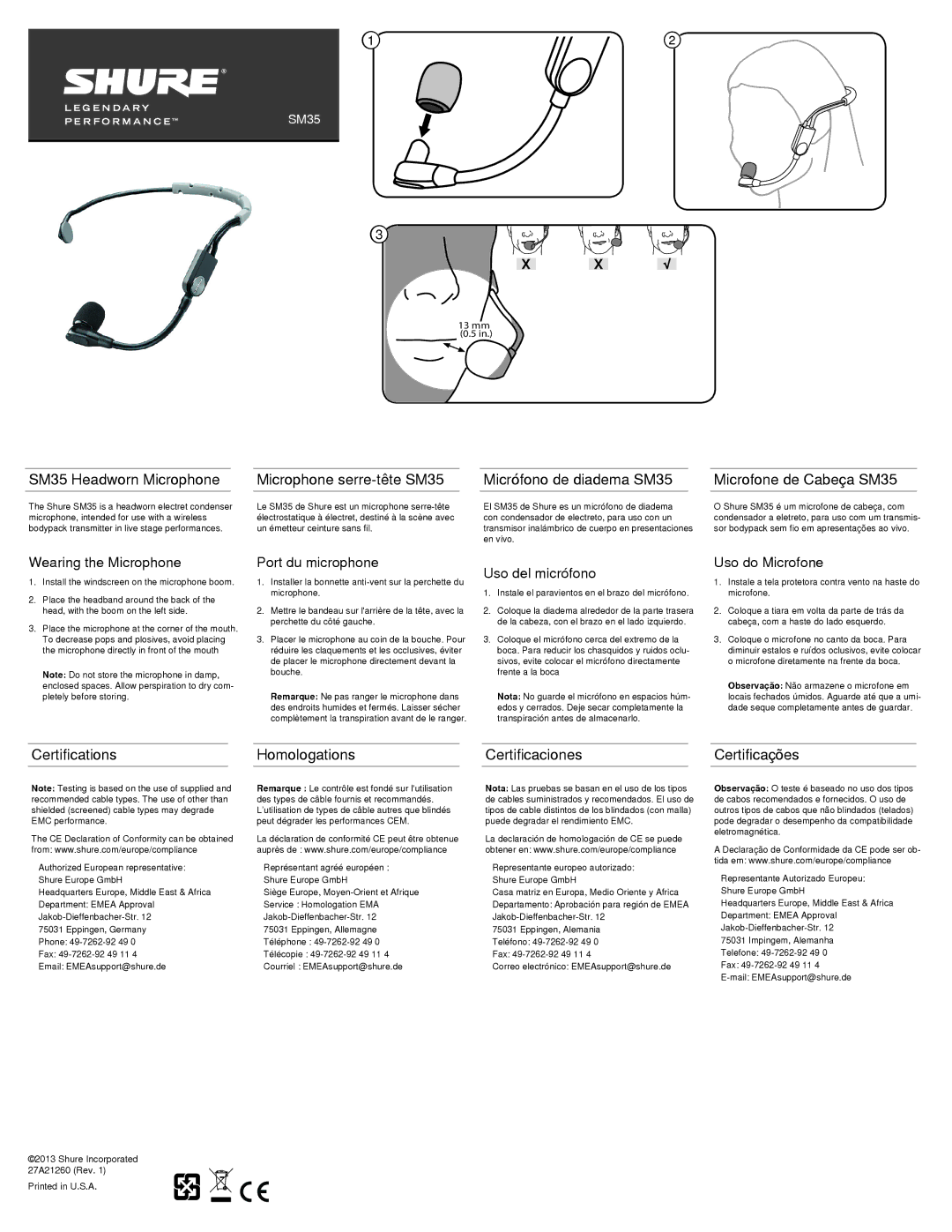 Shure manual Microfone de Cabeça SM35, Certifications Homologations CertificacionesCertificações 