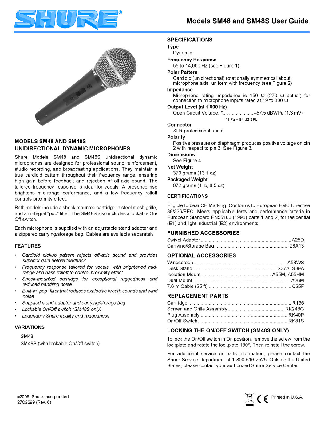 Shure specifications Models SM48 and SM48S Unidirectional Dynamic Microphones, Specifications, Furnished Accessories 