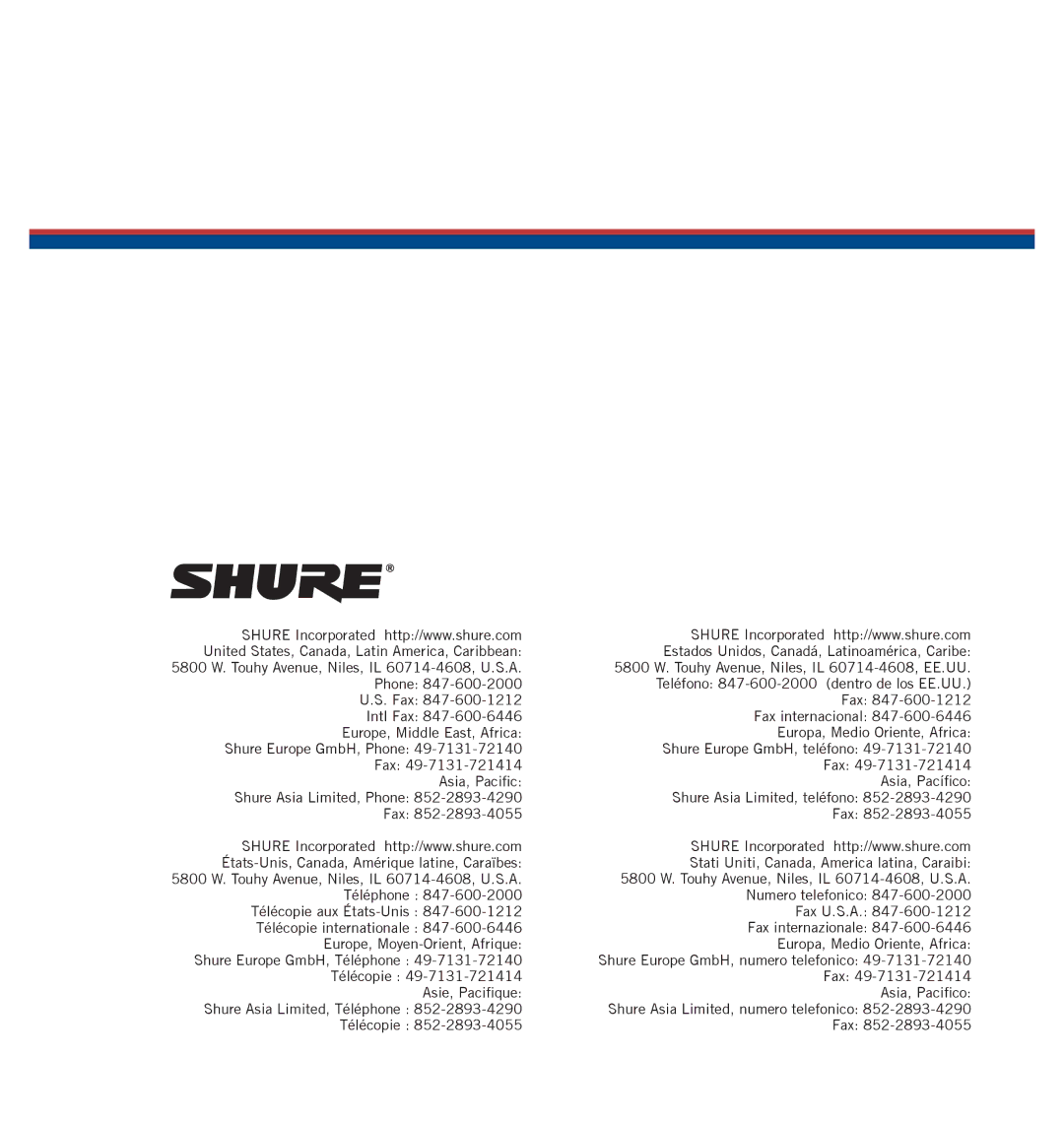 Shure SM58LC manual Shure Europe GmbH, numero telefonico 