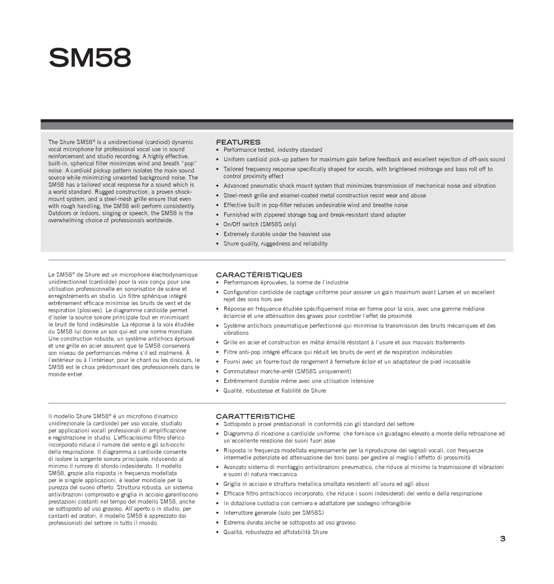 Shure SM58LC manual Features 