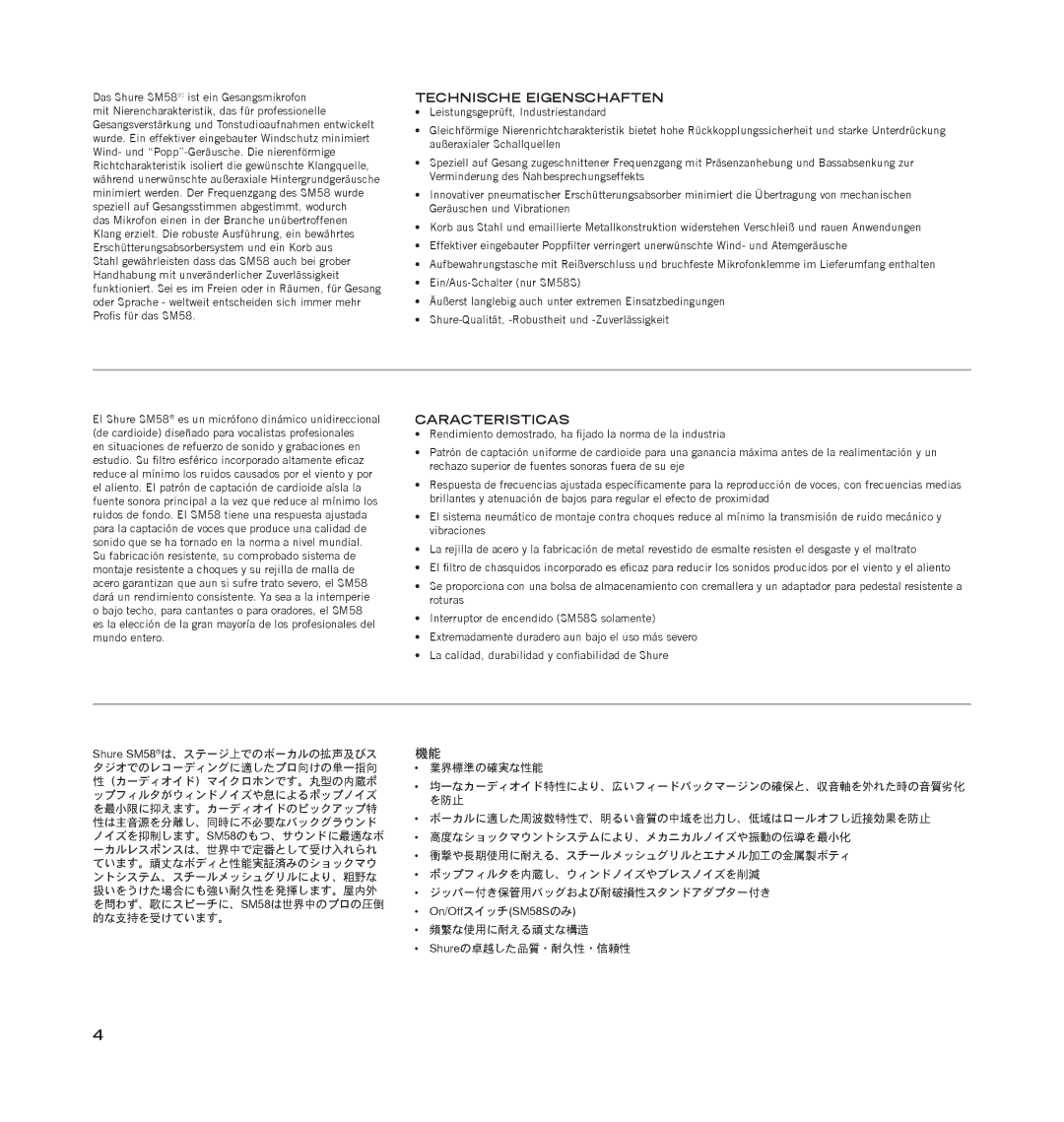 Shure SM58LC manual Technische Eigenschaften 