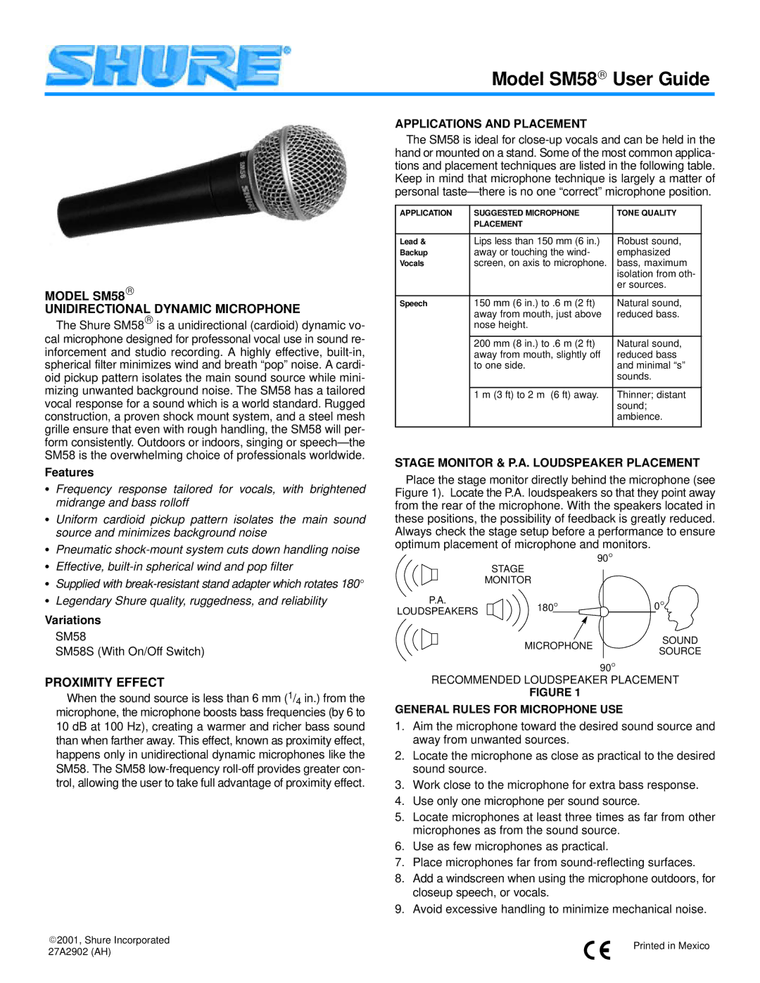 Shure SM58S manual Model SM58 Unidirectional Dynamic Microphone, Applications and Placement, Proximity Effect 