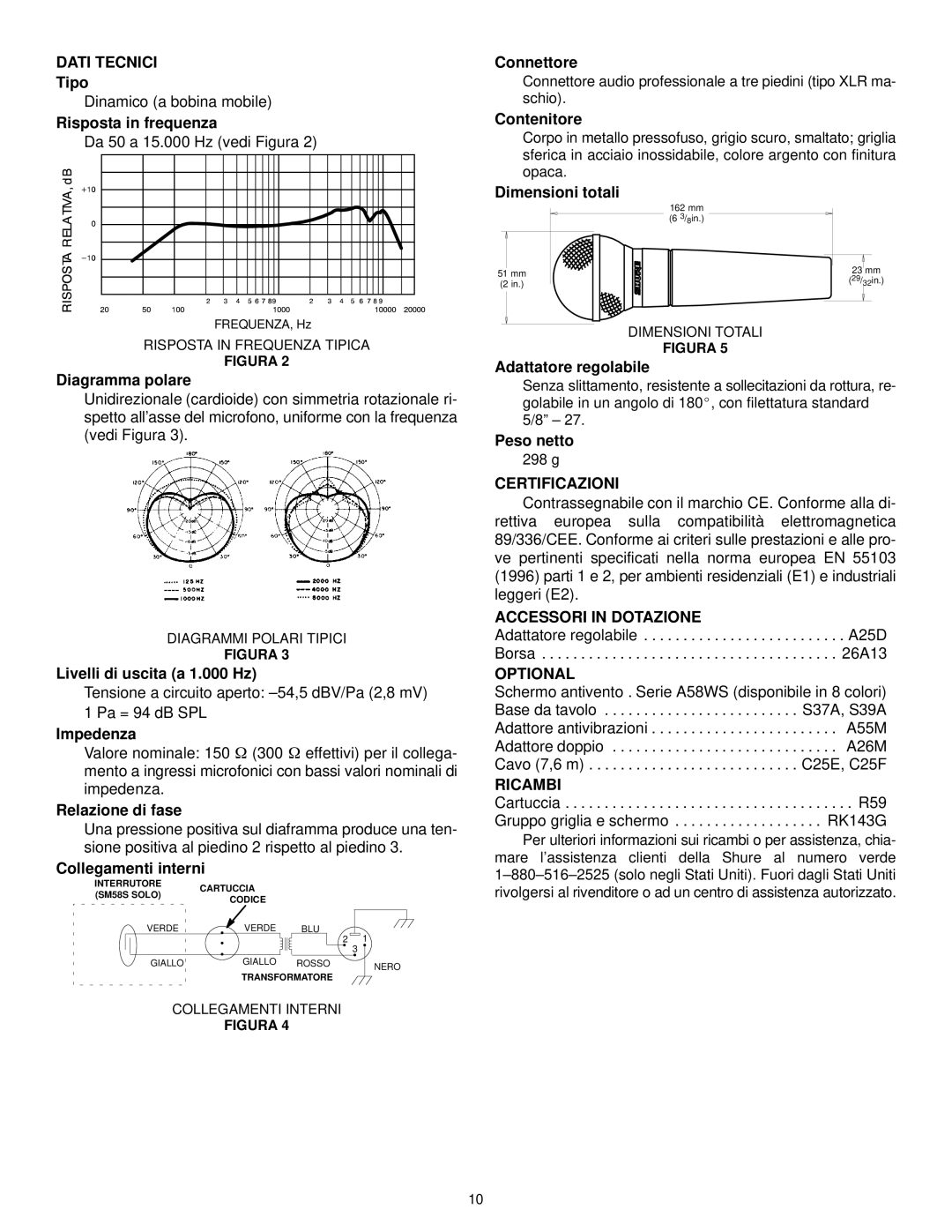 Shure SM58S manual Dati Tecnici, Certificazioni, Accessori in Dotazione, Optional, Ricambi 