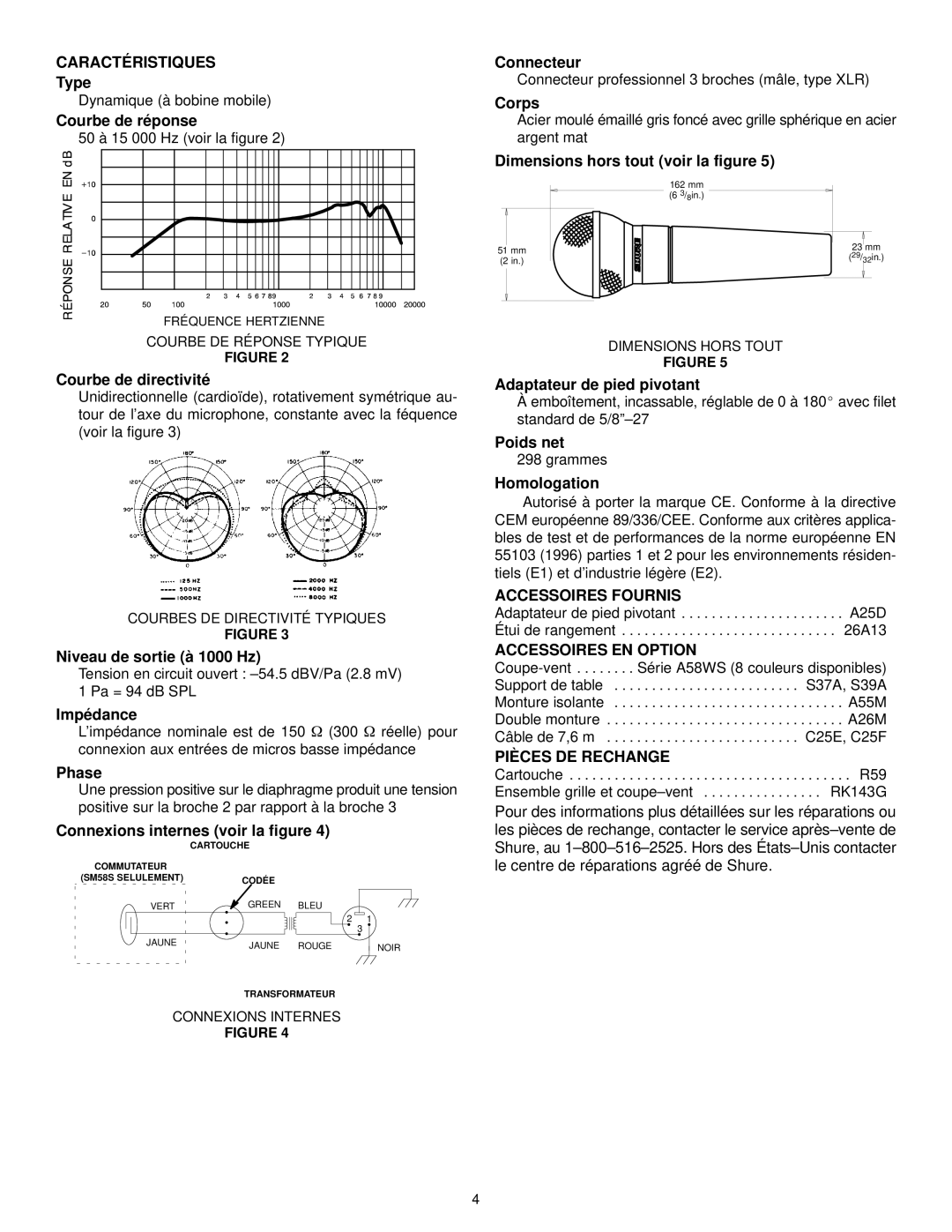 Shure SM58S manual Caractéristiques, Accessoires Fournis, Accessoires EN Option, Pièces DE Rechange 