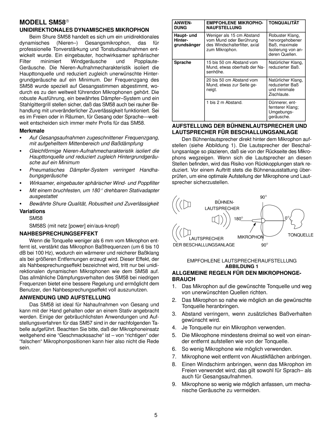 Shure SM58S manual Modell SM58, Unidirektionales Dynamisches Mikrophon, Nahbesprechungseffekt, Anwendung UND Aufstellung 