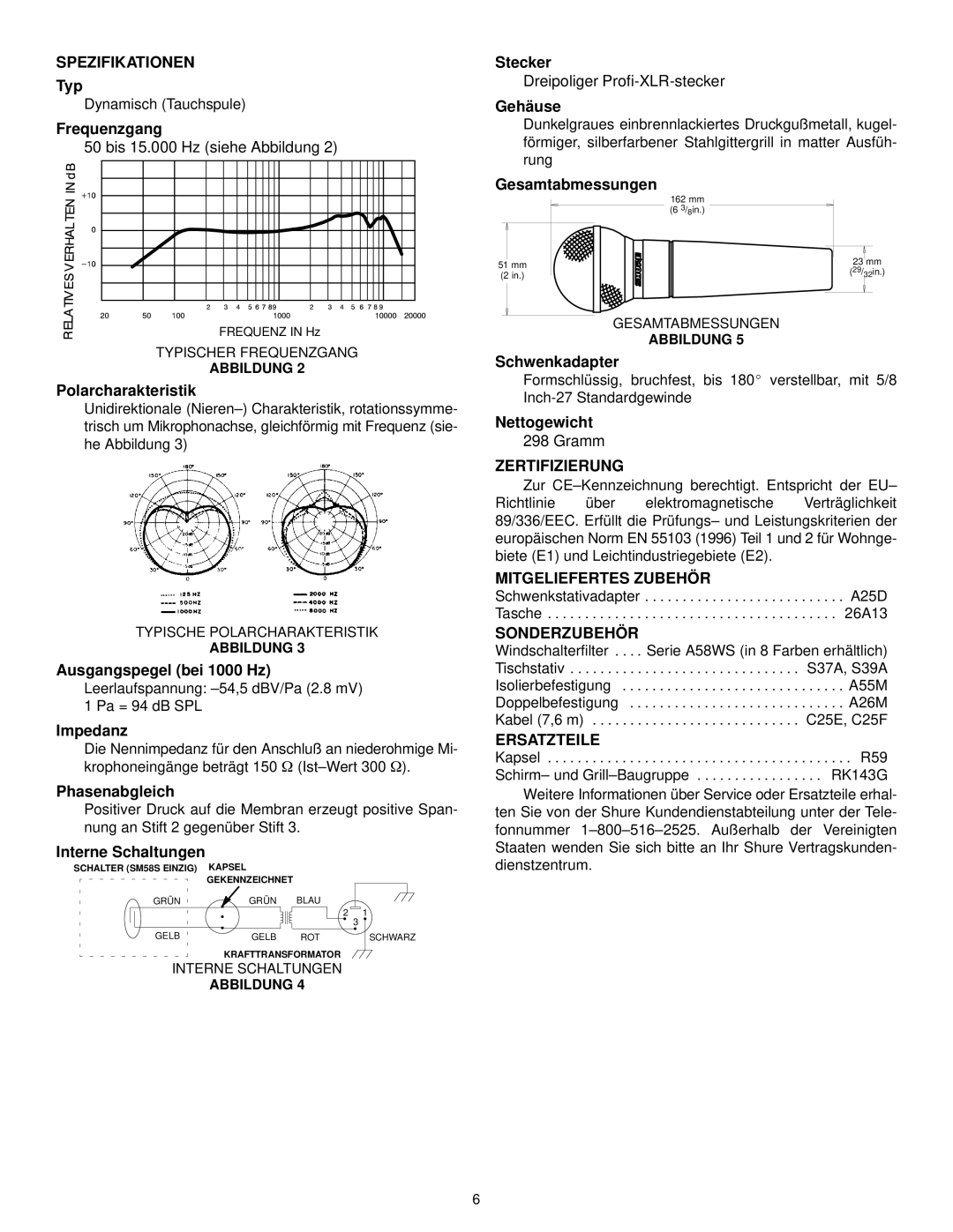 Shure SM58S manual Spezifikationen, Zertifizierung, Mitgeliefertes Zubehör, Sonderzubehör, Ersatzteile 