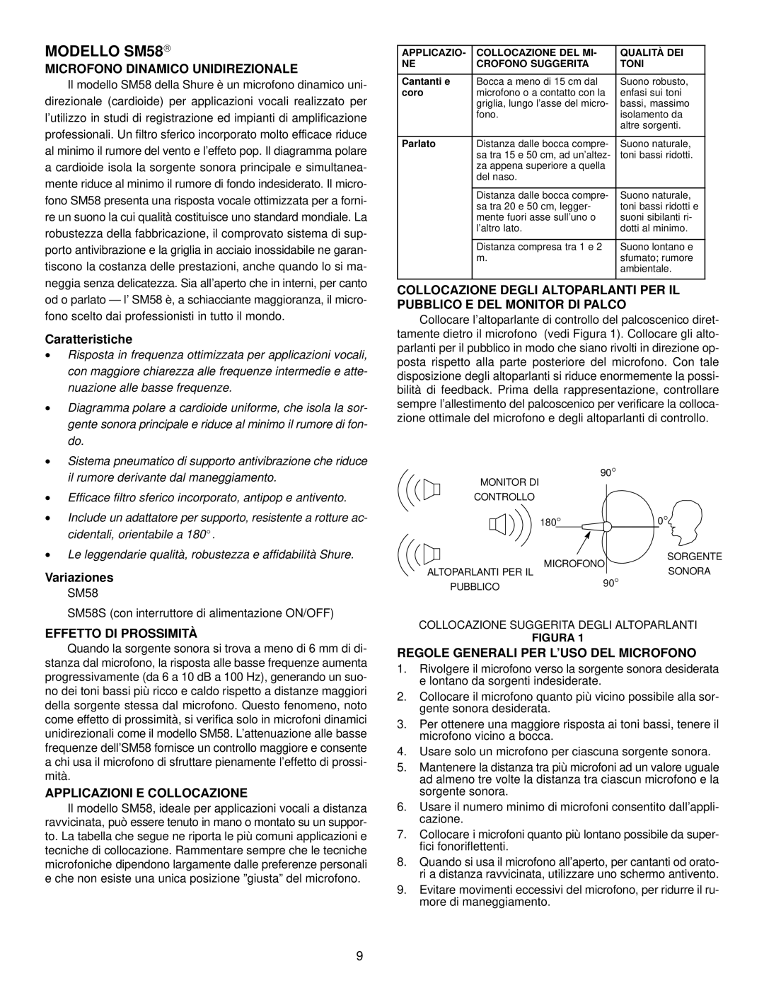 Shure SM58S manual Modello SM58, Microfono Dinamico Unidirezionale, Effetto DI Prossimità, Applicazioni E Collocazione 