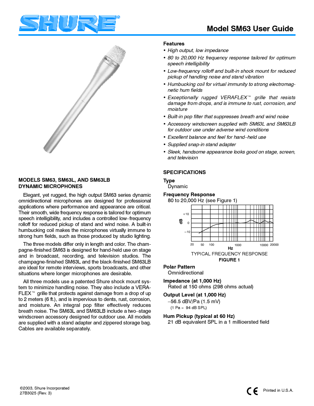 Shure AND SM63LB specifications Models SM63, SM63L, and SM63LB Dynamic Microphones, Specifications 