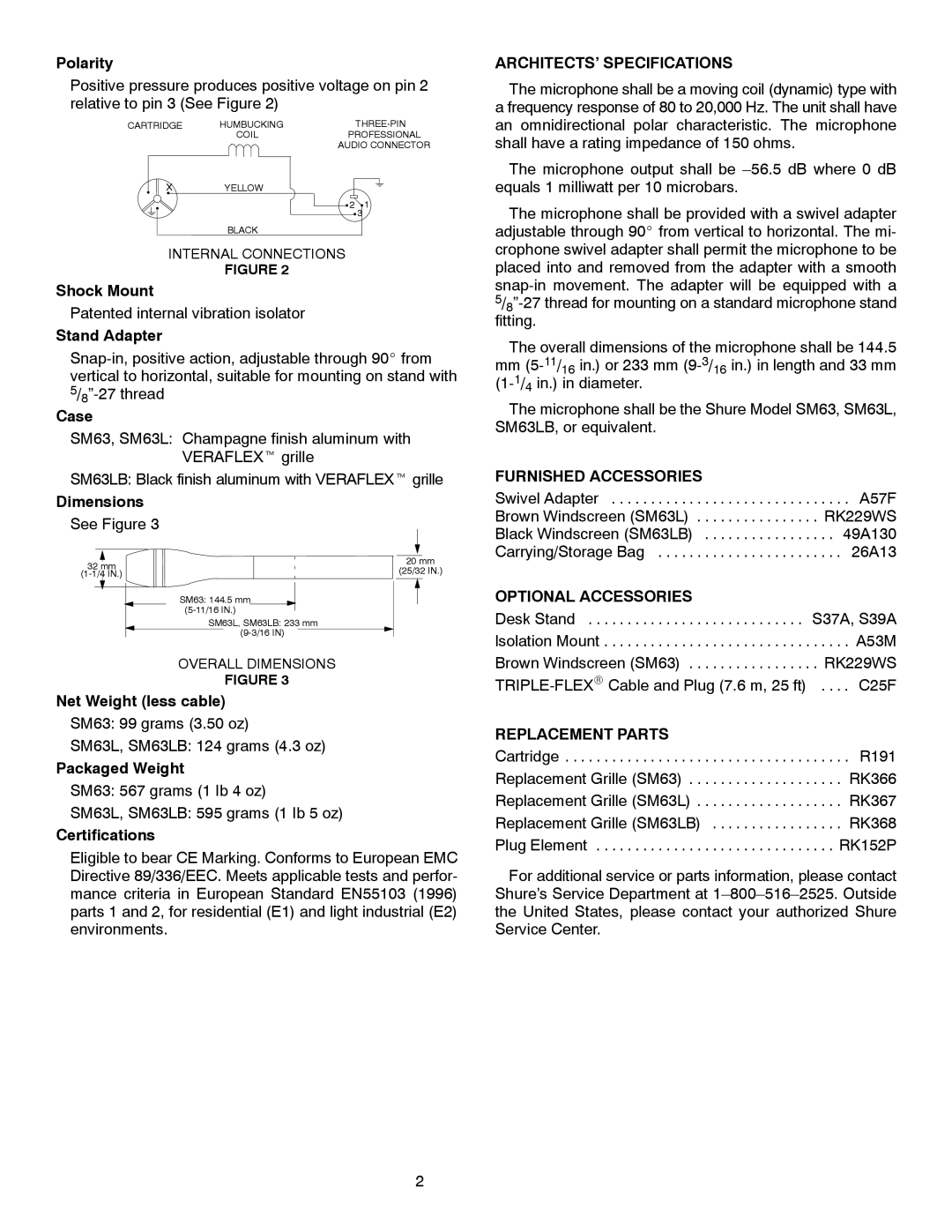 Shure AND SM63LB specifications ARCHITECTS’ Specifications, Furnished Accessories, Optional Accessories, Replacement Parts 