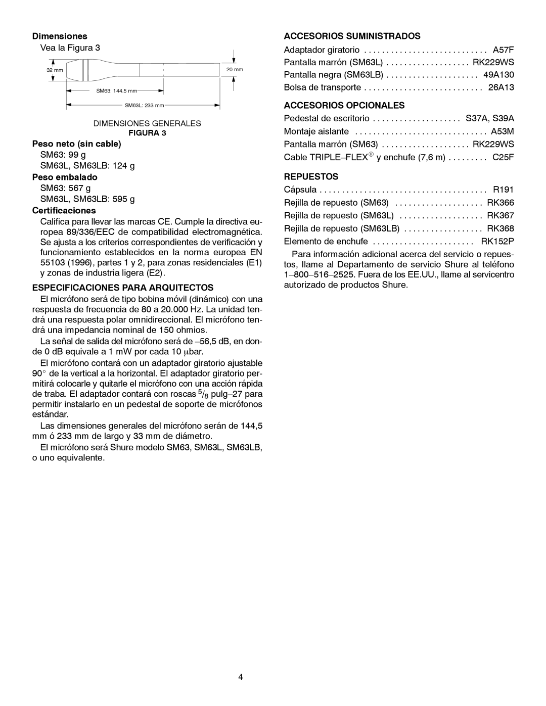Shure AND SM63LB Especificaciones Para Arquitectos, Accesorios Suministrados, Accesorios Opcionales, Repuestos 