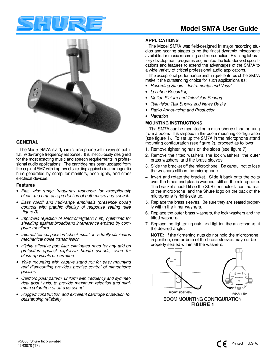 Shure SM7A specifications General, Features, Applications, Mounting Instructions 