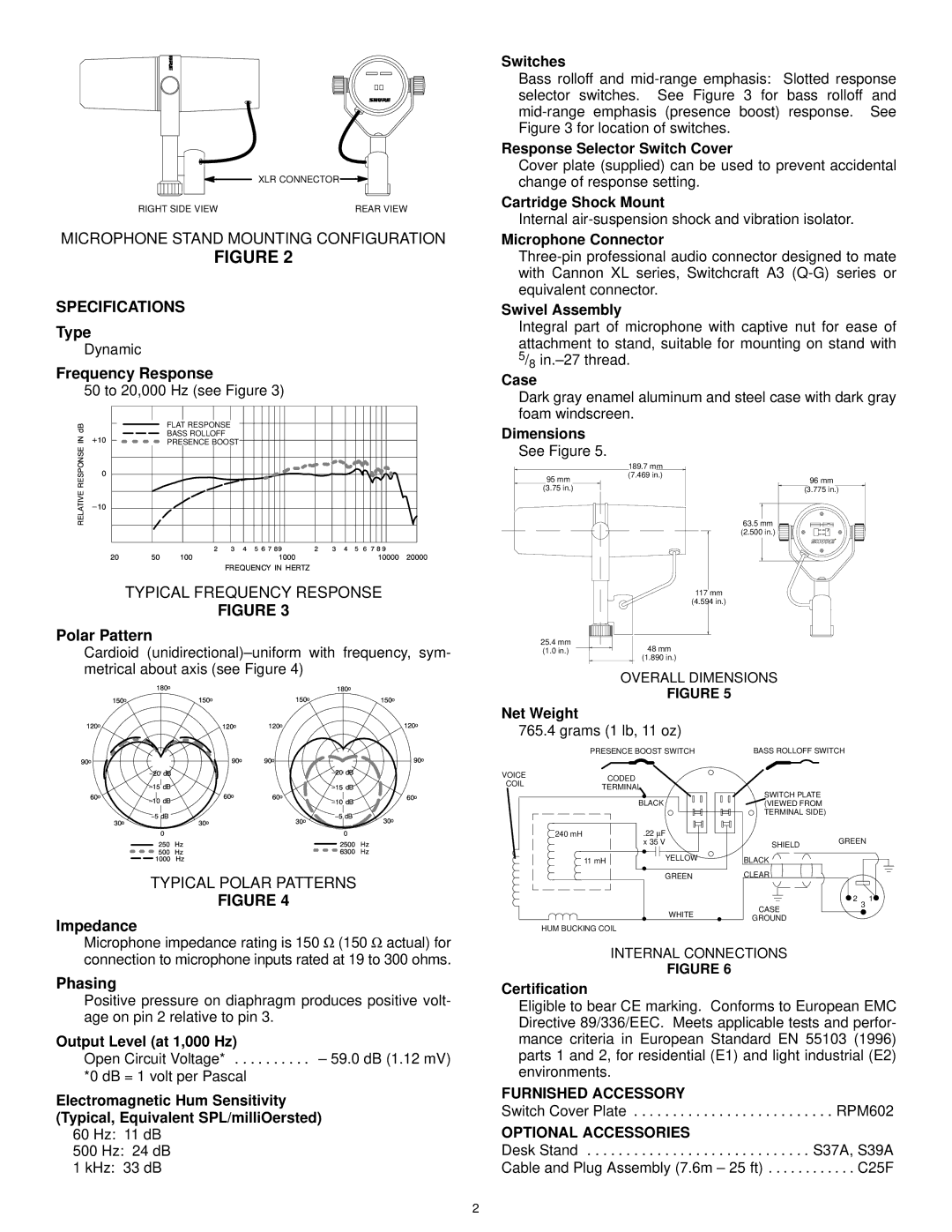 Shure SM7A specifications Specifications, Furnished Accessory, Optional Accessories 