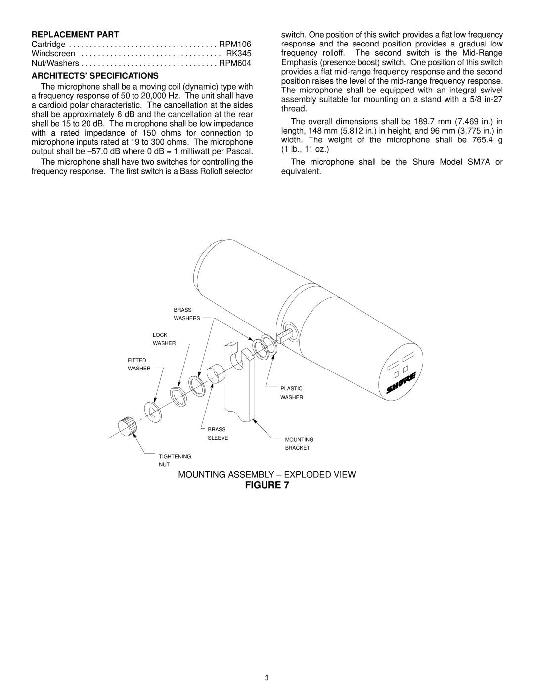 Shure SM7A specifications Replacement Part, Architects Specifications 