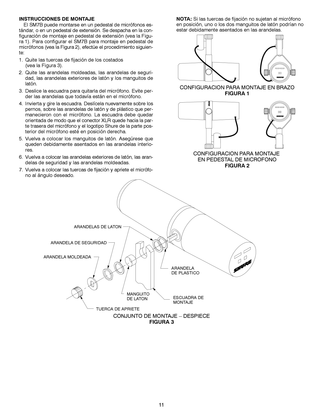 Shure SM7B manual Instrucciones DE Montaje, Configuracion Para Montaje EN Brazo, Conjunto DE Montaje Despiece 