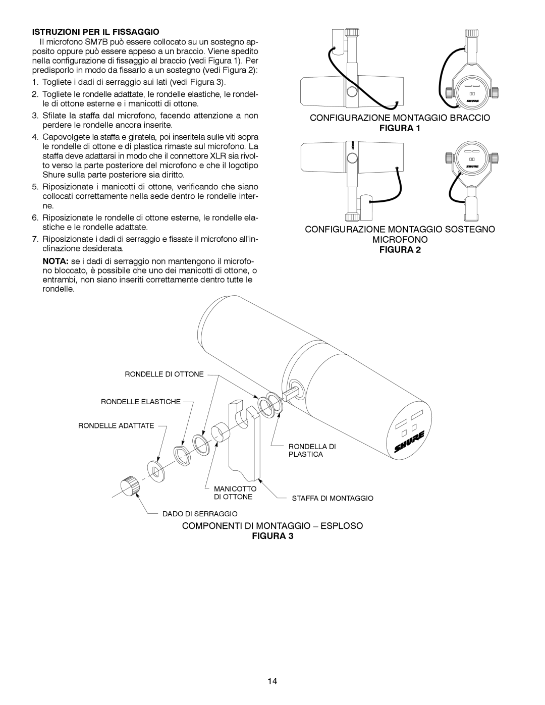 Shure SM7B Istruzioni PER IL Fissaggio, Configurazione Montaggio Braccio, Configurazione Montaggio Sostegno Microfono 