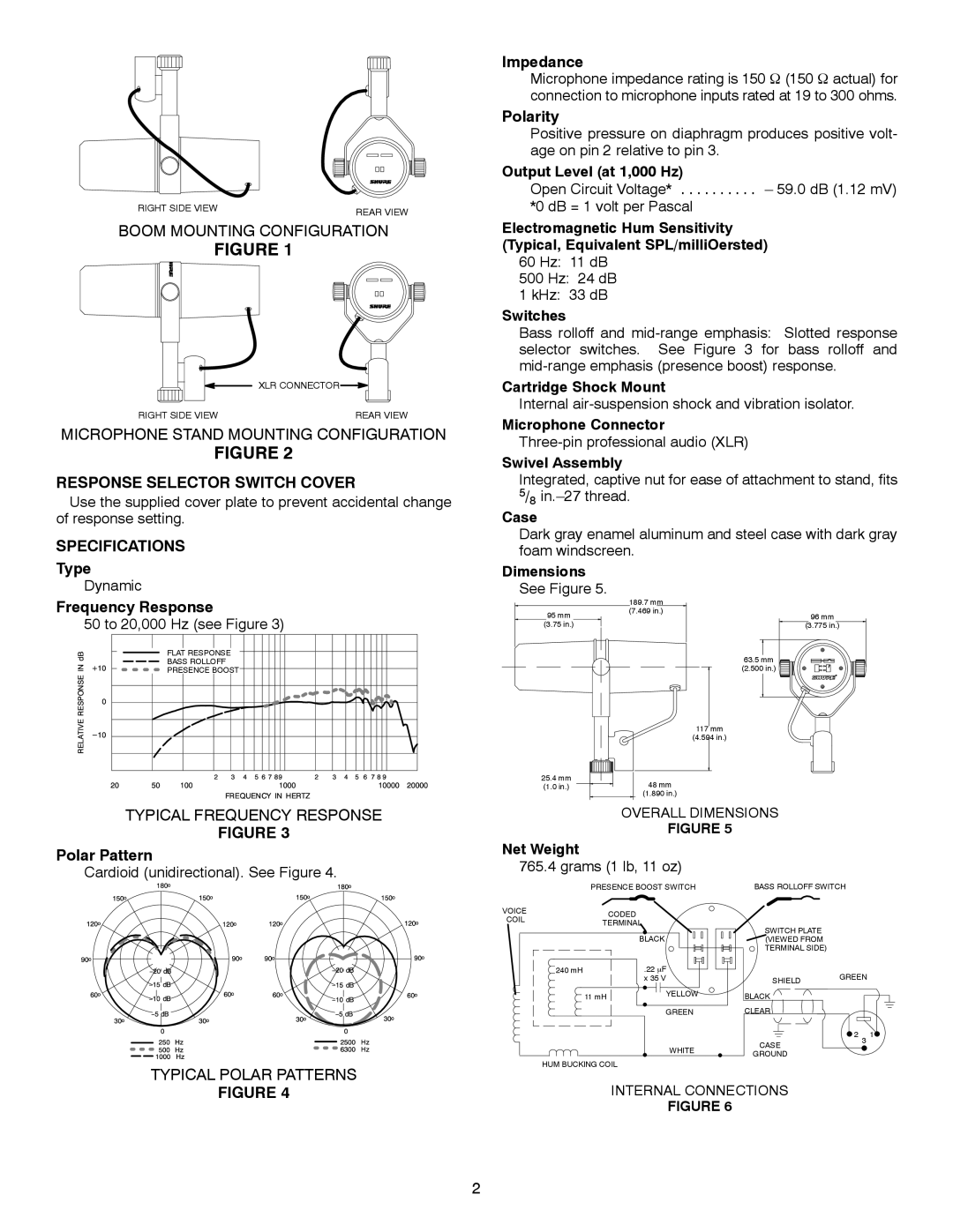 Shure SM7B manual Response Selector Switch Cover, Specifications 