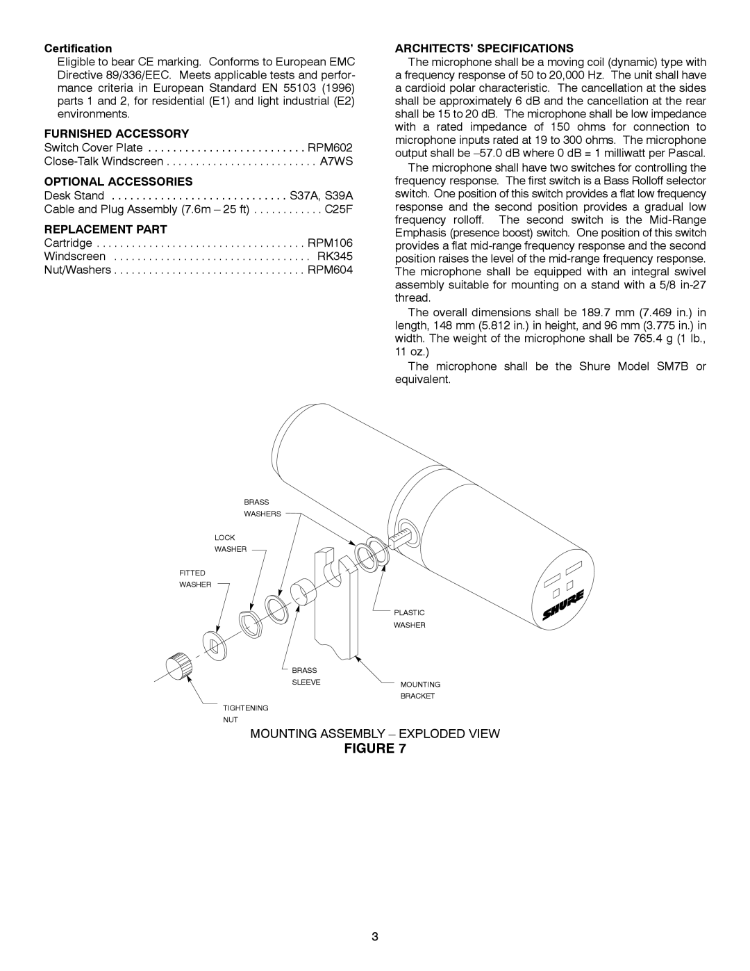 Shure SM7B manual Certification, Furnished Accessory, Optional Accessories, Replacement Part, ARCHITECTS’ Specifications 