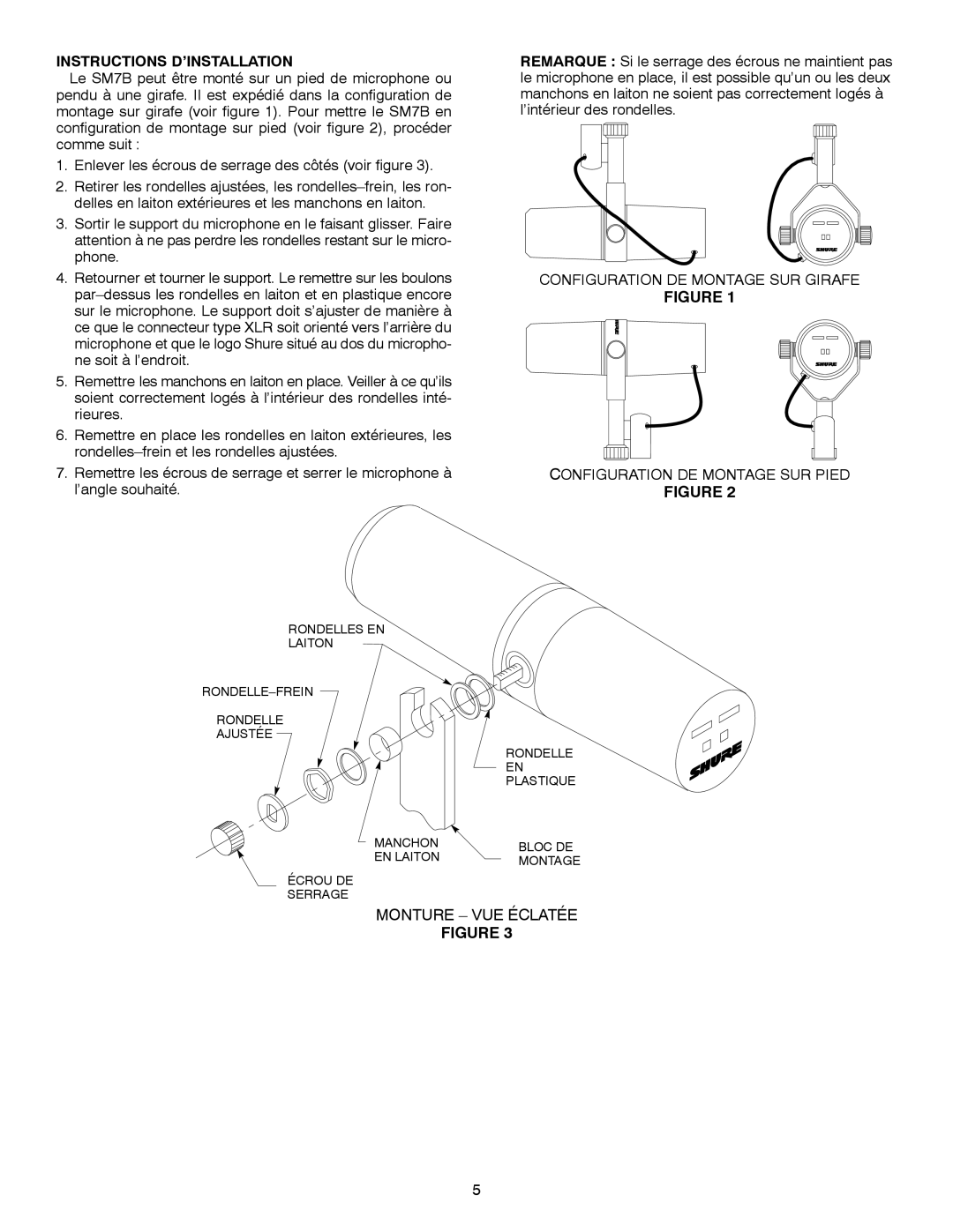 Shure SM7B manual Instructions D’INSTALLATION, Monture VUE Éclatée 