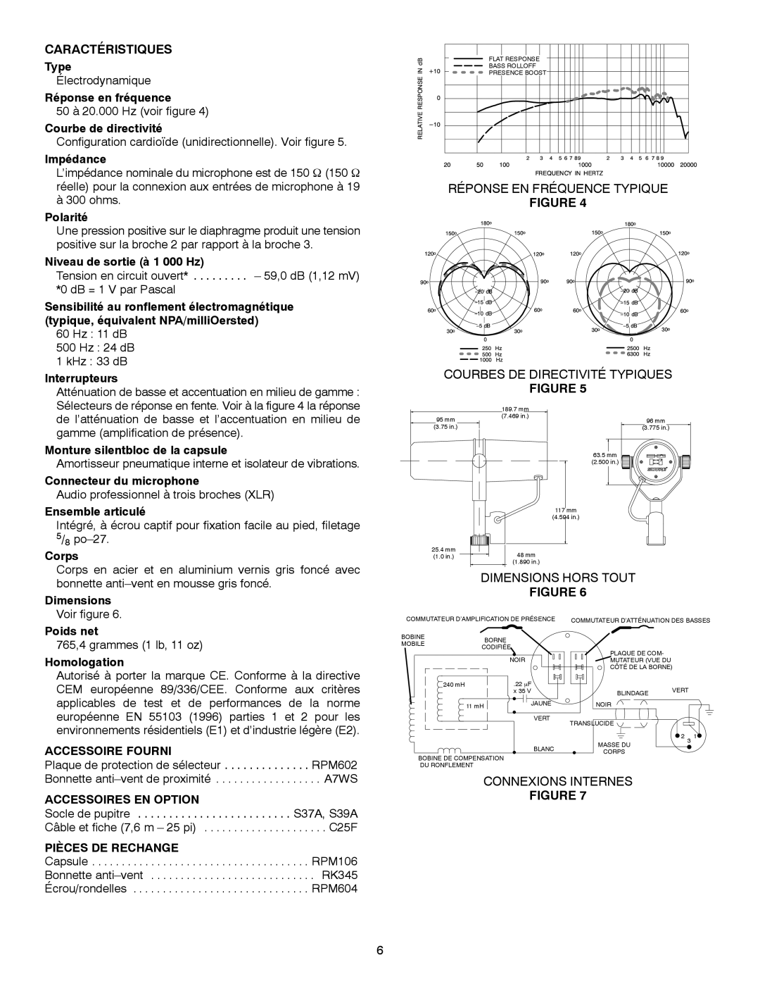 Shure SM7B manual Caractéristiques, Accessoire Fourni, Accessoires EN Option, Pièces DE Rechange 