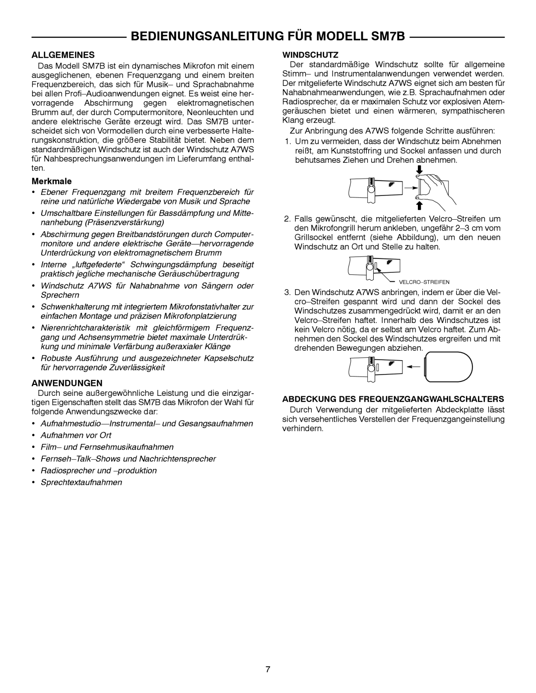 Shure manual Bedienungsanleitung FÜR Modell SM7B, Allgemeines, Anwendungen, Windschutz 