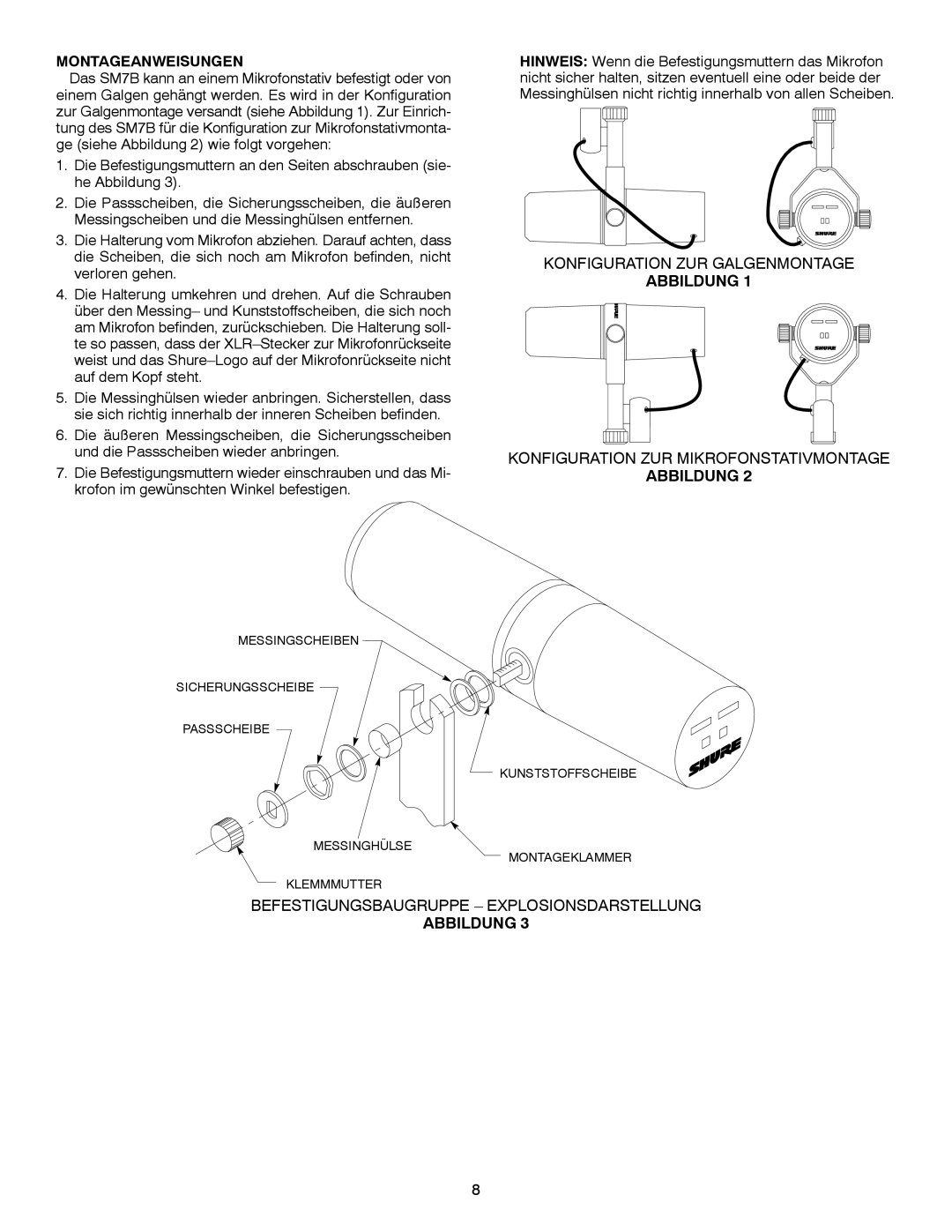 Shure SM7B manual Montageanweisungen, Konfiguration ZUR Galgenmontage, Abbildung, Konfiguration ZUR Mikrofonstativmontage 