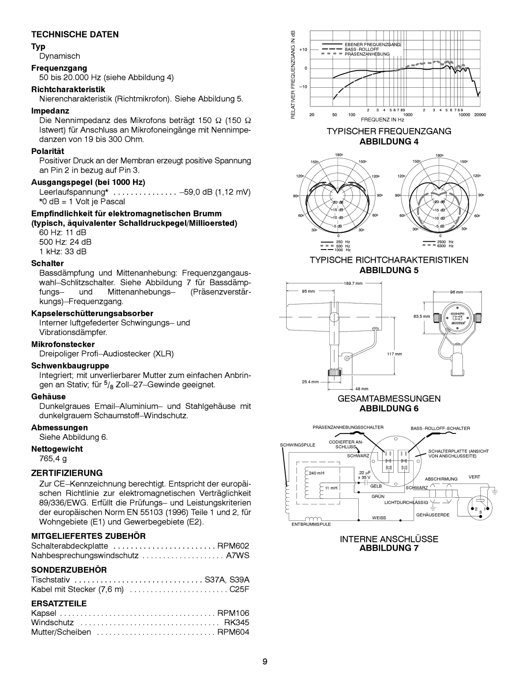 Shure SM7B manual Technische Daten, Zertifizierung, Mitgeliefertes Zubehör, Sonderzubehör, Ersatzteile 