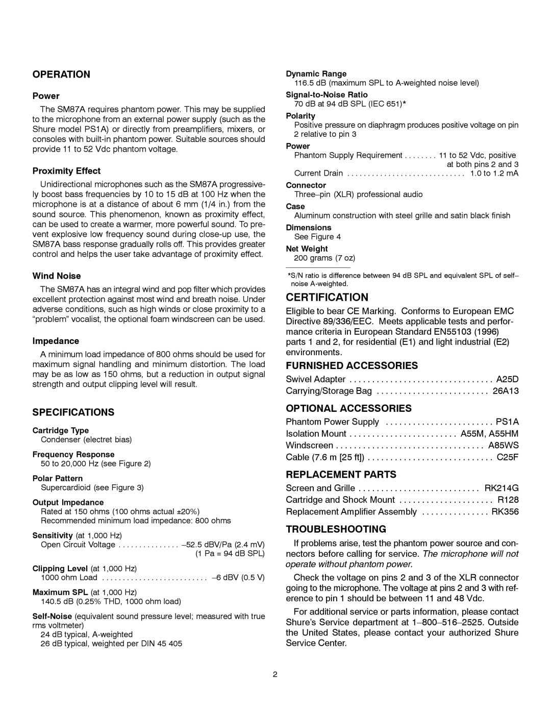 Shure SM87A Operation, Specifications, Furnished Accessories, Optional Accessories, Replacement Parts, Troubleshooting 