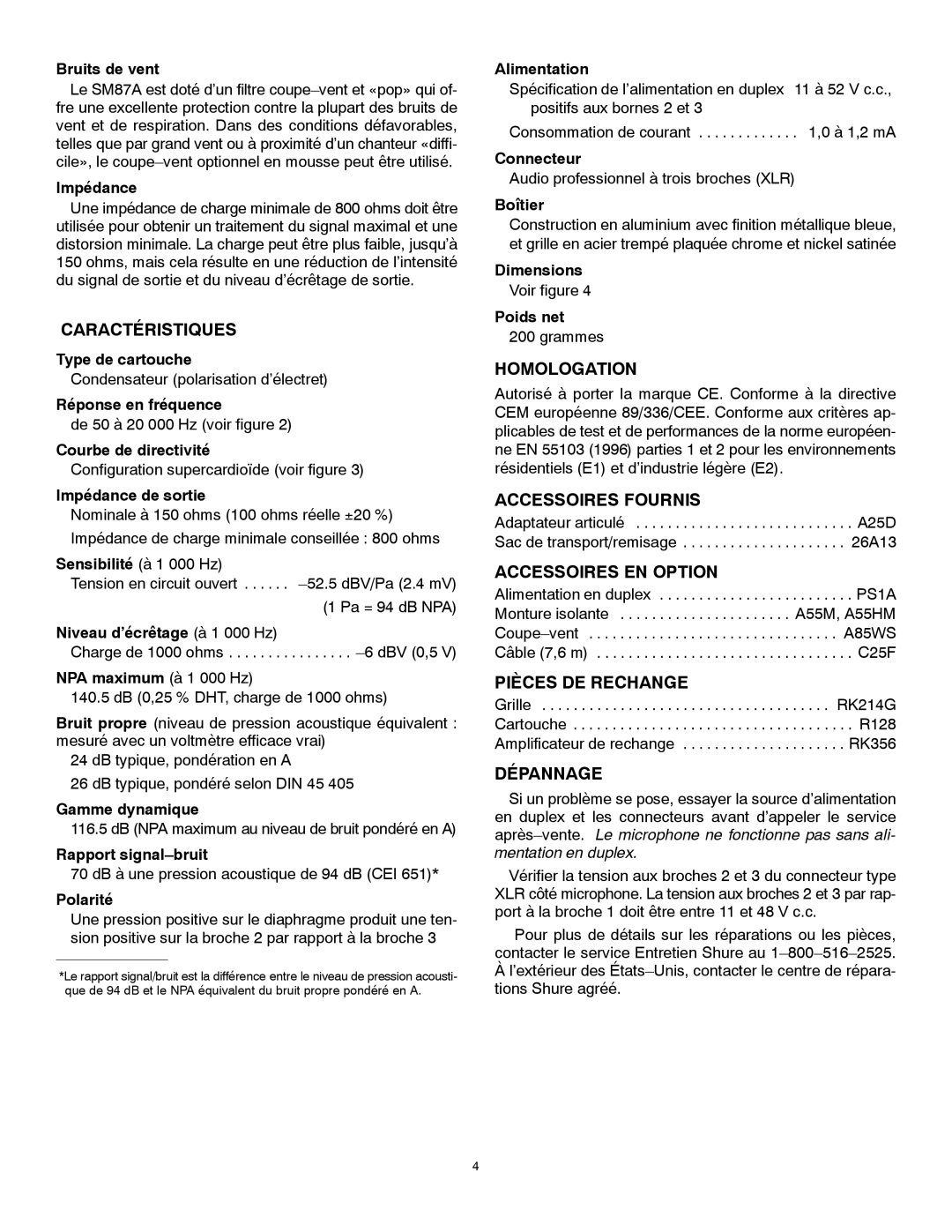 Shure SM87A Caractéristiques, Homologation, Accessoires Fournis, Accessoires EN Option, Pièces DE Rechange, Dépannage 