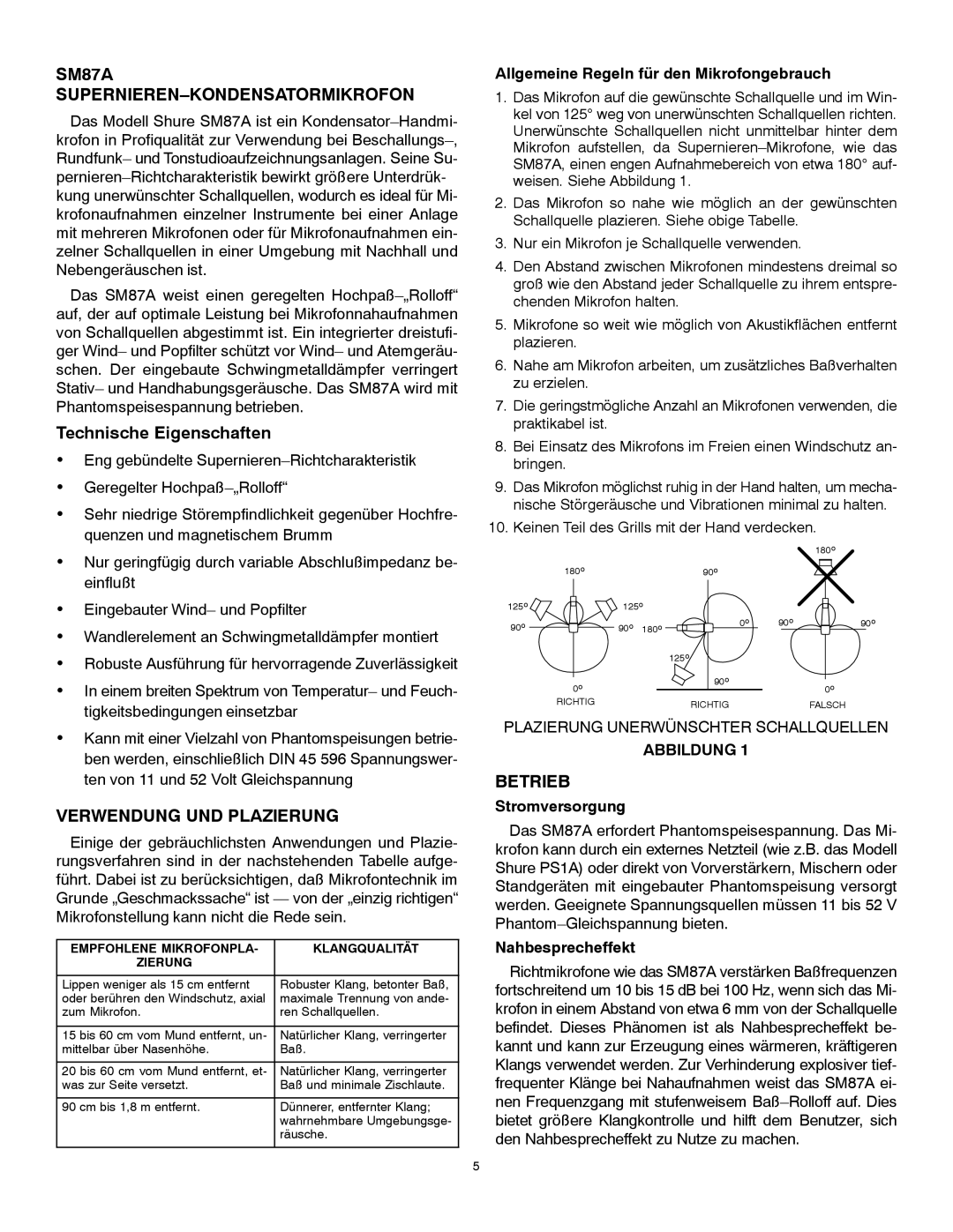 Shure manual SM87A SUPERNIEREN-KONDENSATORMIKROFON, Verwendung UND Plazierung, Betrieb 